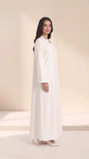 The Ghalia Asymmetric Step Neck Abaya, in Off White, side view