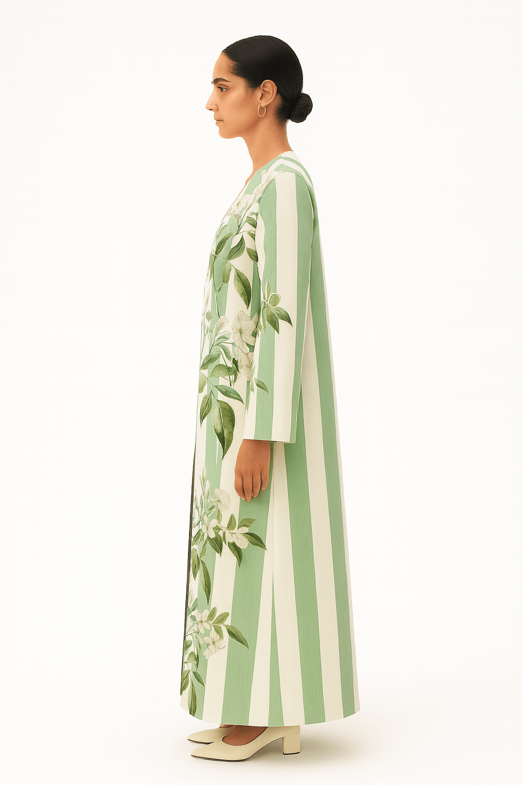 The Hamda Green & Ivory Striped Floral Abaya - TAL by The Abaya Lab