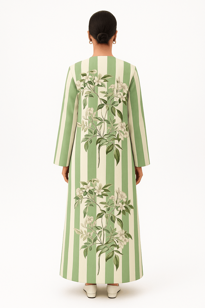 The Hamda Green & Ivory Striped Floral Abaya - TAL by The Abaya Lab