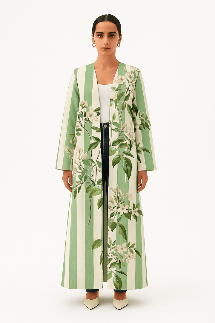 The Hamda Green & Ivory Striped Floral Abaya - TAL by The Abaya Lab