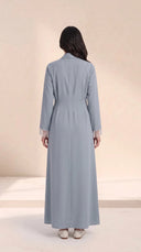 The Hawra Side-Tie Wrap Abaya, in Blue, back view