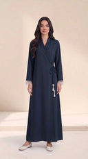 The Hawra Side-Tie Wrap Abaya, in Navy, front view