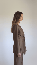 The Hiba Bronze Satin Wrap Blazer Set - TAL by The Abaya Lab