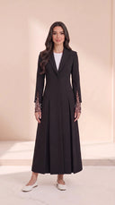 The Huriya Black Pearl Mesh Cuff Abaya, in Black, front view