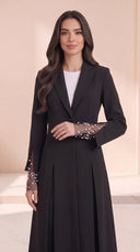 The Huriya Black Pearl Mesh Cuff Abaya, in Black, front view