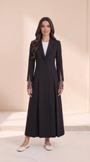 The Huriya Black Pearl Mesh Cuff Abaya, in Black, front view