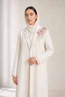 The Jamila Floral Beaded Shoulder Abaya, in Off White, model view