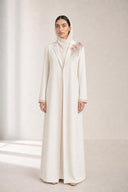 The Jamila Floral Beaded Shoulder Abaya, in Off White, front view
