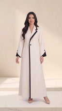 The Joumana Contrast Notch Lapel Abaya, in Off White, front view