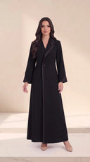 The Joumana Contrast Notch Lapel Abaya, in Black, front view