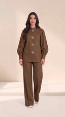 The Kaltham Pearl Flower Button Set, in Mocha Brown, front view