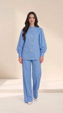 The Kaltham Pearl Flower Button Set, in Blue, front view