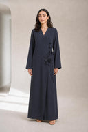 The Kareema 3D Floral Wrap Abaya, in Navy, front view