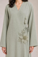 The Kareema 3D Floral Wrap Abaya, in Sage, detail view