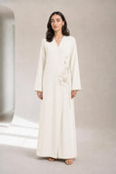 The Kareema 3D Floral Wrap Abaya, in Off White, front view