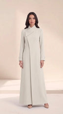 The Kholoud Asymmetric Fold Collar Abaya, in Off White, front view