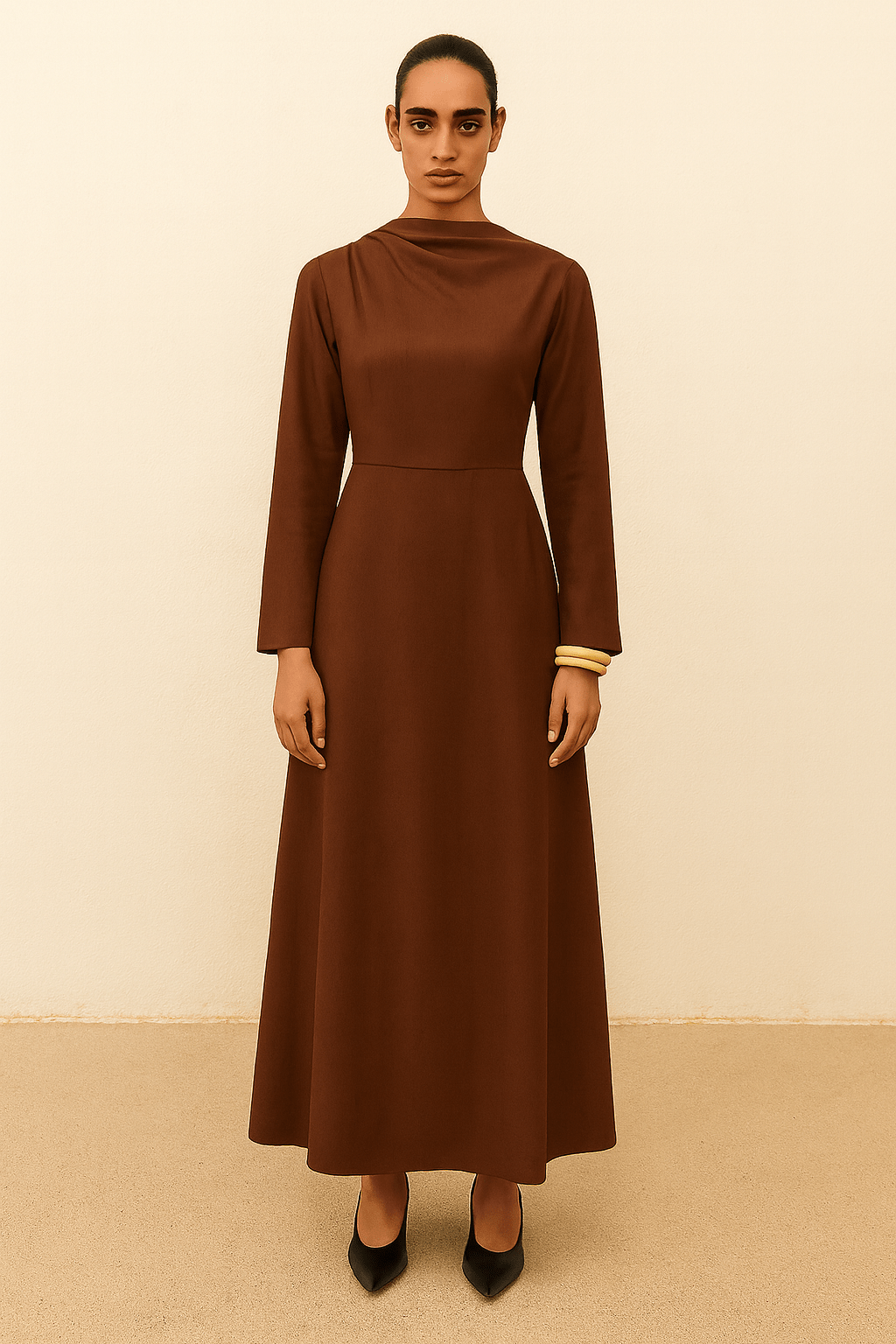 The Khulood Brown Neck Detail Maxi Dress - TAL by The Abaya Lab
