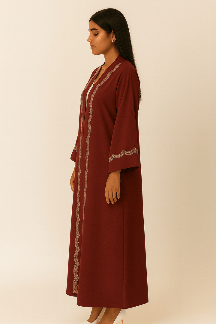 The Khulood Dark Red Abaya with Detailing - TAL by The Abaya Lab