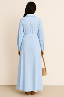 The Lina Striped Wrap Shirt Dress – Sky Blue Edition - The Abaya Lab