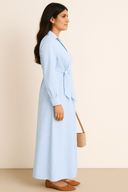 The Lina Striped Wrap Shirt Dress – Sky Blue Edition - The Abaya Lab