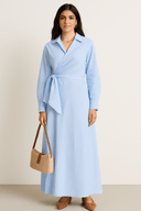 The Lina Striped Wrap Shirt Dress – Sky Blue Edition - The Abaya Lab