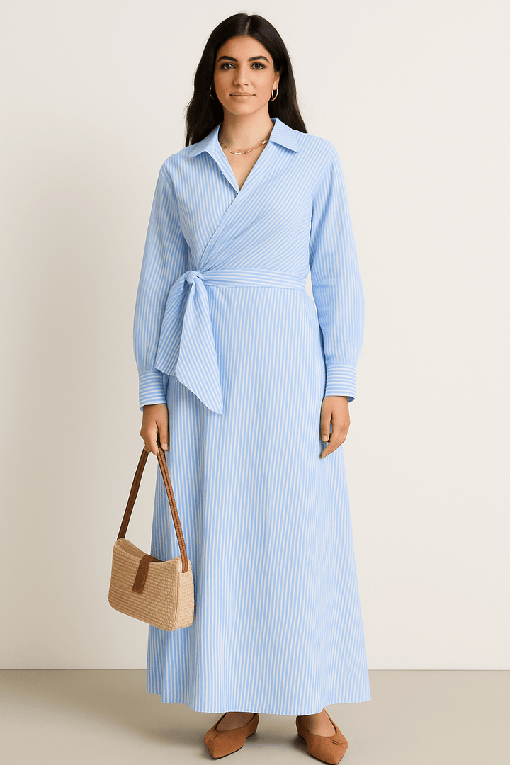The Lina Striped Wrap Shirt Dress – Sky Blue Edition - The Abaya Lab