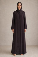 The Lulwa Beaded Floral Vine Abaya, in Dark Purple, front view