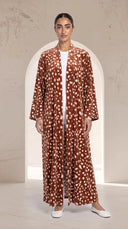 The Mayada Rust Fawn Spot Print Abaya, in Rust, front view