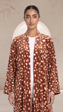The Mayada Rust Fawn Spot Print Abaya, in Rust, front view