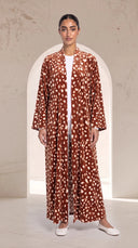 The Mayada Rust Fawn Spot Print Abaya, in Rust, front view
