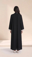 The Mayasa Black Pearl Fringe Cuff Abaya, in Black, back view