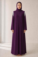The Mounira Pearl Fringe Shoulder Abaya, in Dark Purple, front view