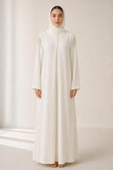 The Mounira Pearl Fringe Shoulder Abaya, in Off White, front view