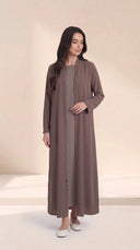 The Nashwa Scalloped Front Edge Abaya, in Mocha Brown, model view