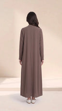 The Nashwa Scalloped Front Edge Abaya, in Mocha Brown, back view