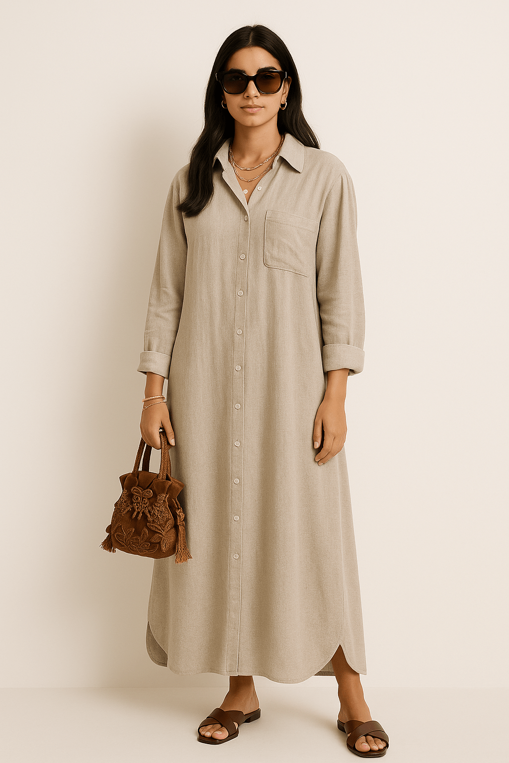 The Nawal Button - Down Shirt Dress – Sandstone Edition - The Abaya Lab