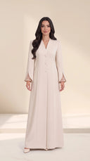 The Nidaa Pearl Mesh Split Cuff Abaya, in Off White, front view