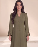 The Nidaa Pearl Mesh Split Cuff Abaya, in Green, front view
