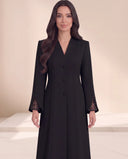 The Nidaa Pearl Mesh Split Cuff Abaya, in Black, front view
