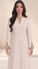 The Nidaa Pearl Mesh Split Cuff Abaya, in Off White, front view