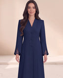 The Nidaa Pearl Mesh Split Cuff Abaya, in Navy, front view