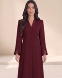 The Nidaa Pearl Mesh Split Cuff Abaya, in Burgundy, front view