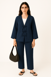The Noor Linen Bow Knot - Front Set – Navy Edition - The Abaya Lab