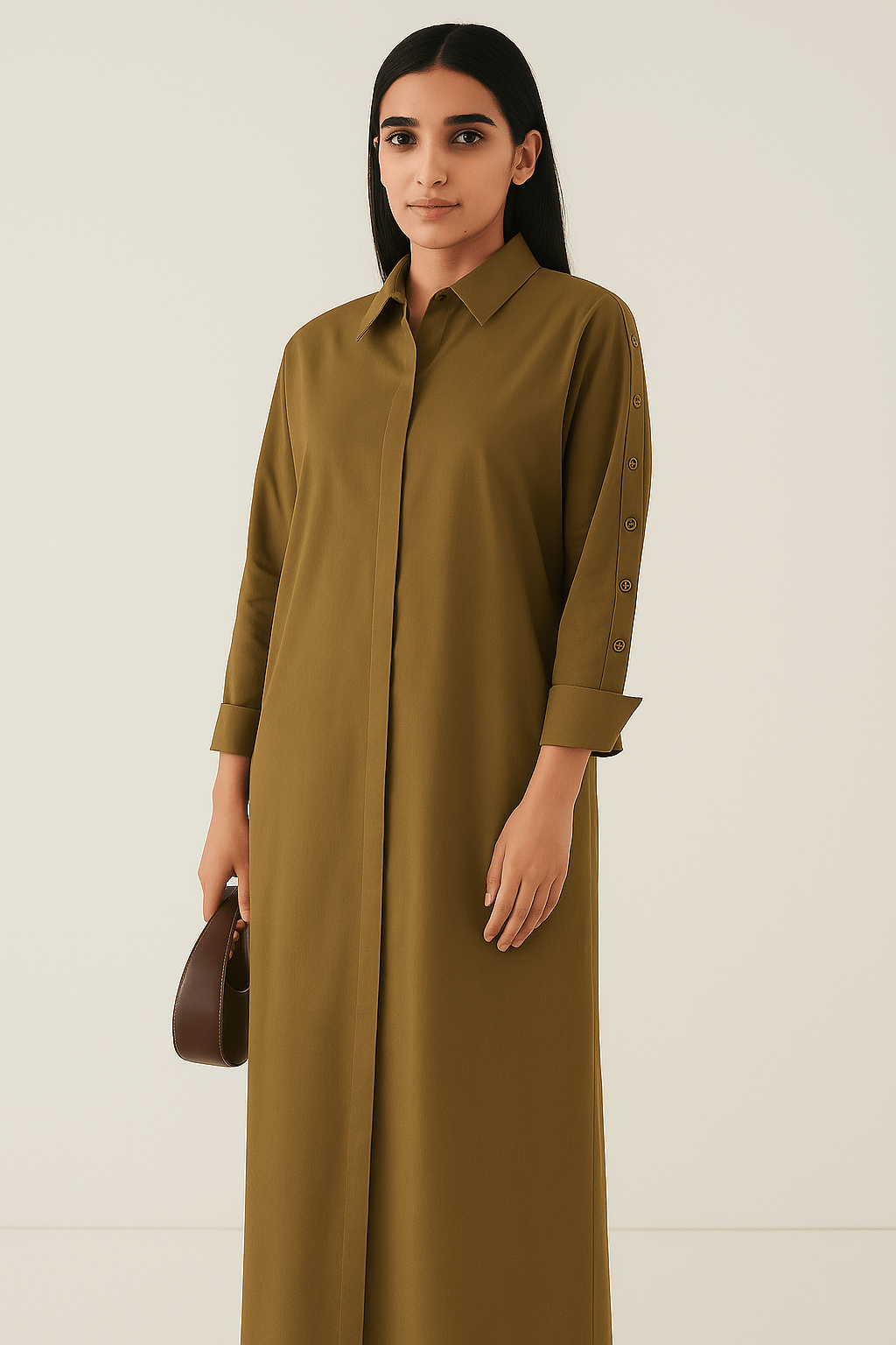 The Noora Button - Sleeve Shirt Dress – Olive Brown Edition - The Abaya Lab