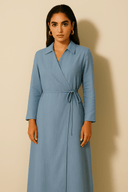 The Noura Modest Dusty Blue Wrap Dress - The Abaya Lab
