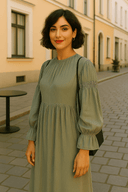 The Noura Smocked Dress – Sage Edition - The Abaya Lab