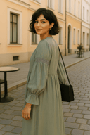 The Noura Smocked Dress – Sage Edition - The Abaya Lab
