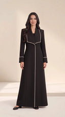 The Nuha Piped Wide Lapel Abaya, in Black, front view