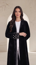 The Randa Black Pearl Embellished Cuff Abaya, in Black, front view