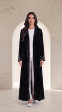 The Randa Black Pearl Embellished Cuff Abaya, in Black, front view